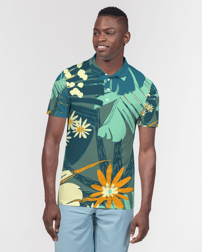 Jungle Blues Men's Tropical Print Golf Shirt, Tropical Polo Shirt