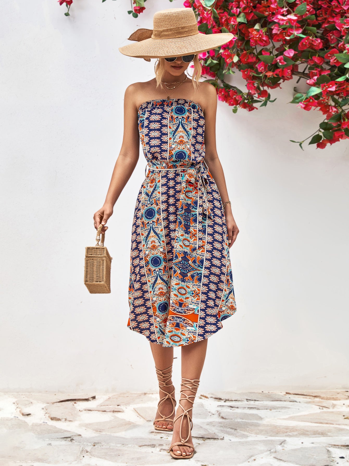 Printed Strapless Tie Belt Dress