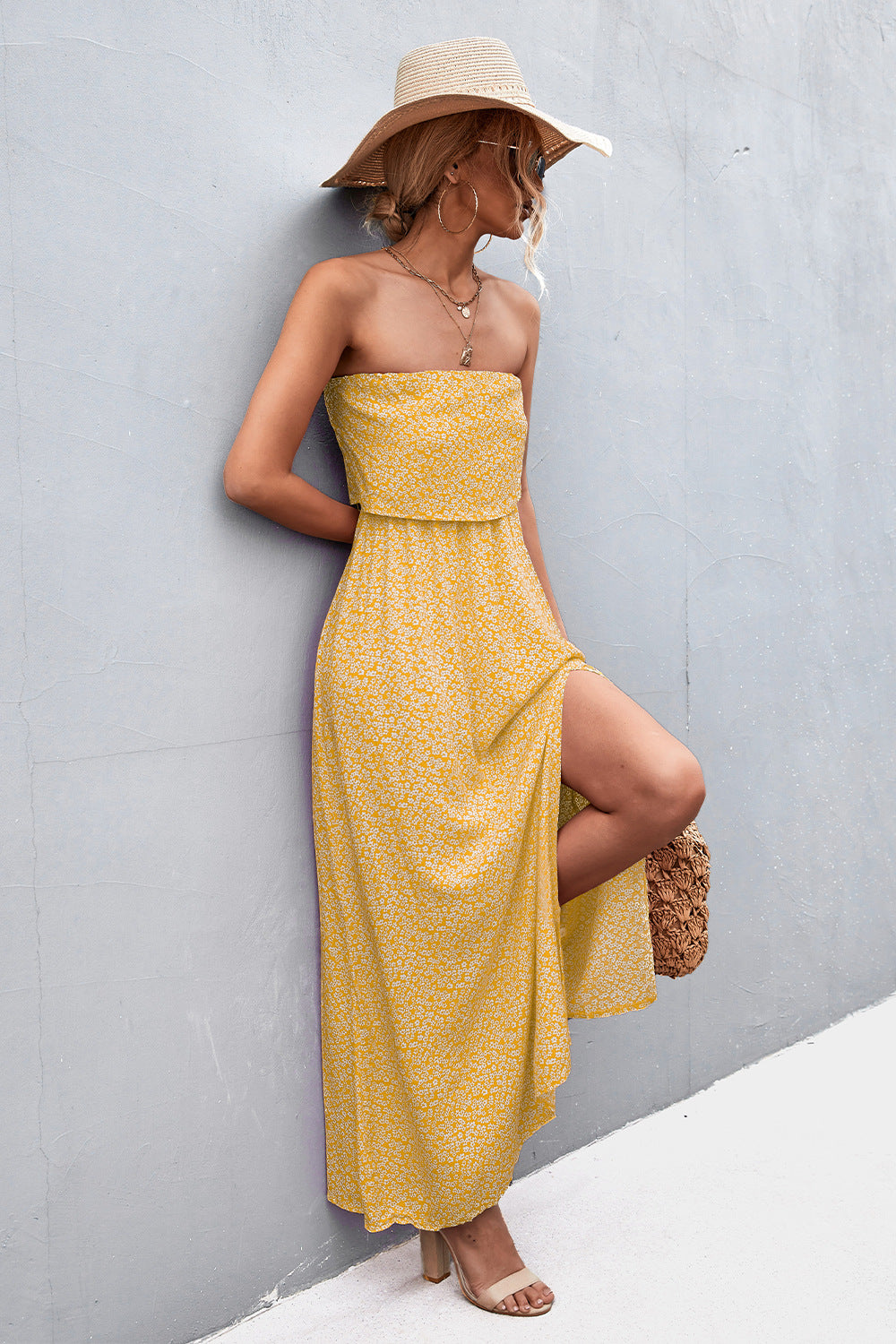 Delicate Floral Strapless Resort Maxi Dress