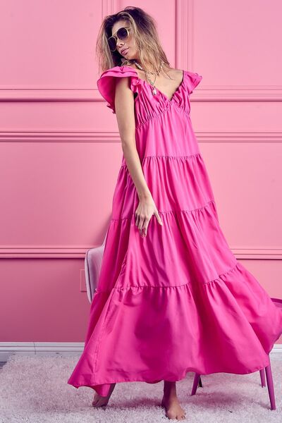 Pink Summer Cap Sleeve Maxi Dress