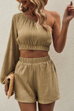 One-Shoulder Balloon Sleeve Crop Top and Resort Shorts Set