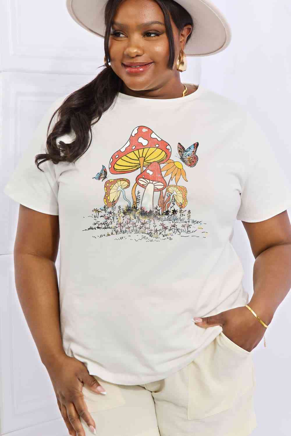 Mushroom & Butterfly Graphic Cotton T-Shirt