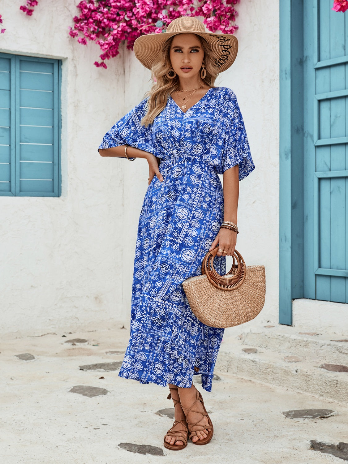 Marine Blue Half Sleeve Vacation Midi Dress