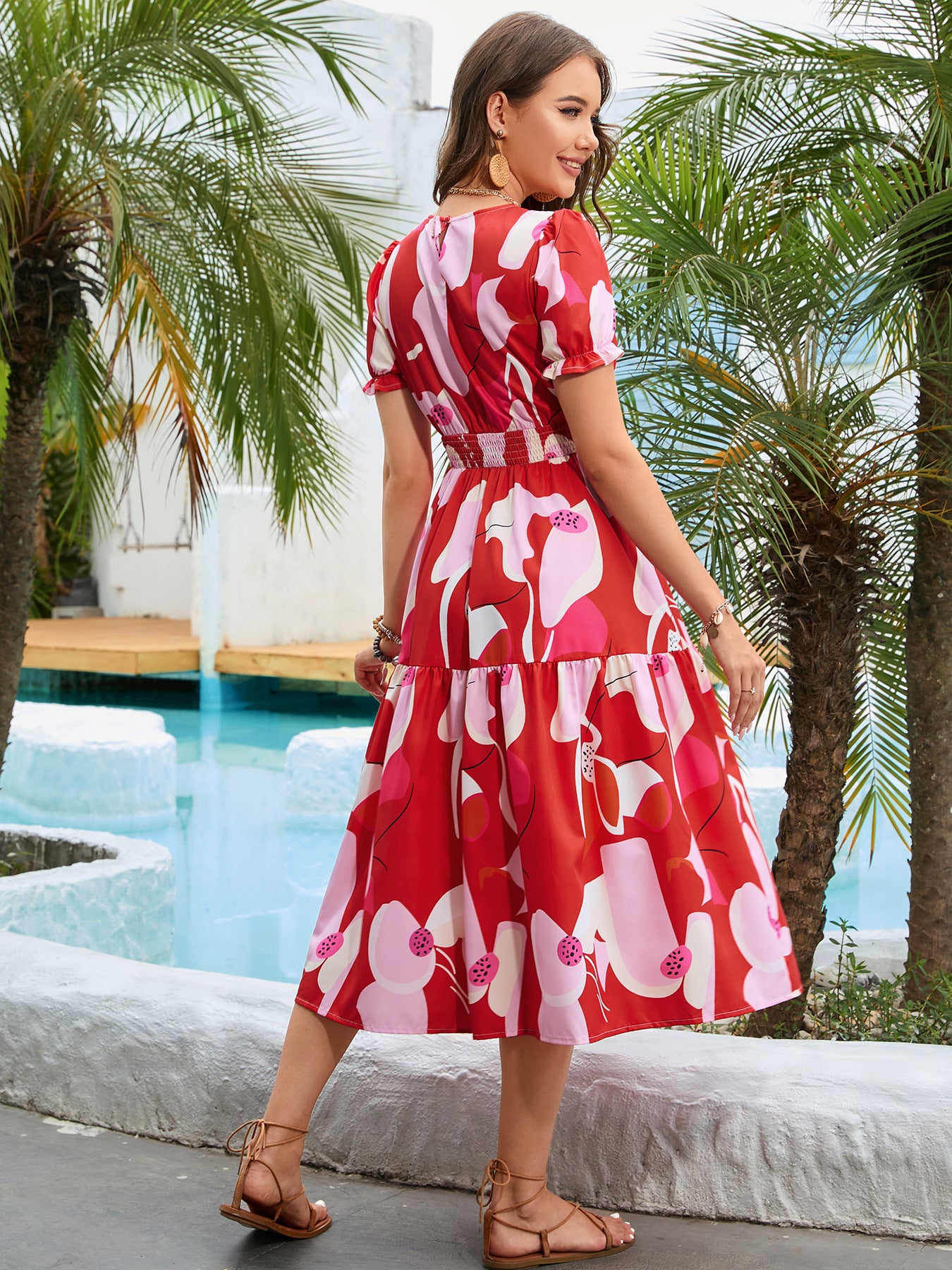 Hawaiian Red Floral Resort Midi Dress