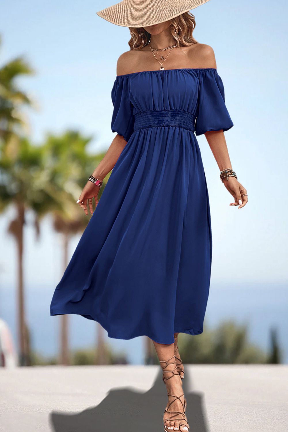 Women's Square Neck Puff Sleeve Resort Midi Dress