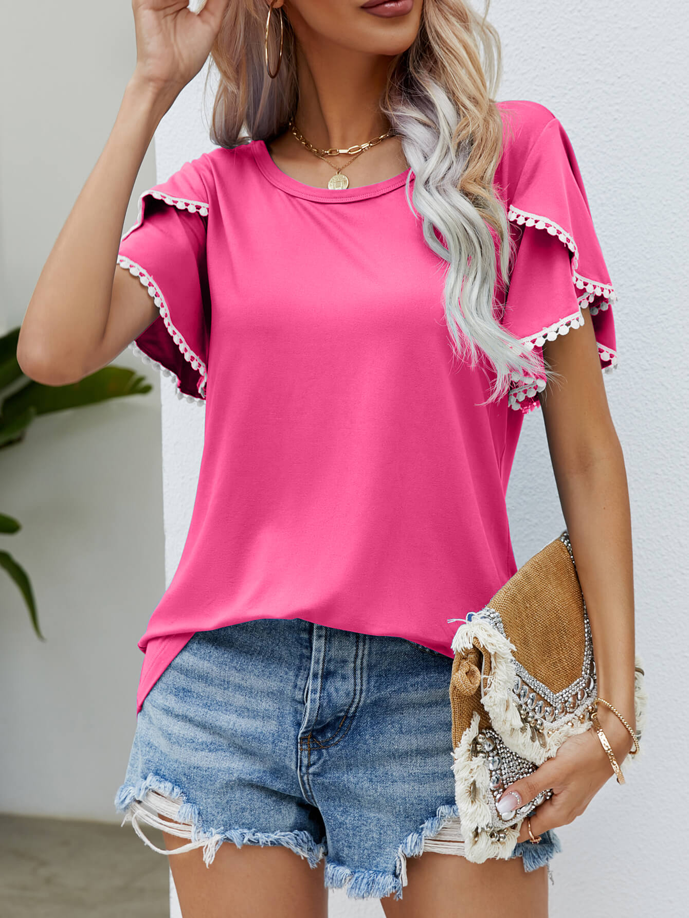 Pom-Pom Sleeve Pink Vacation Tee