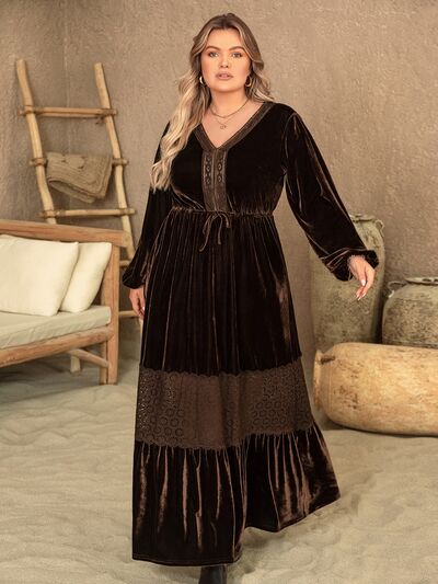 Plus Size V-Neck Balloon Sleeve Festival Maxi Dress