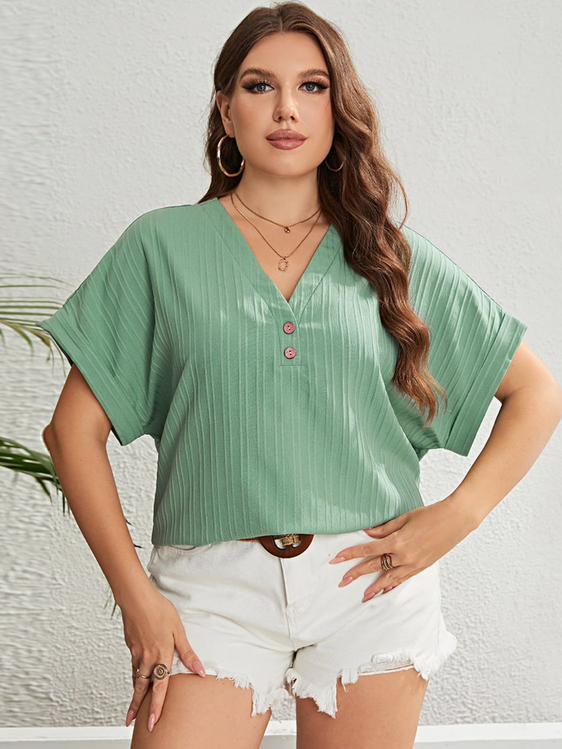 Plus Size Buttoned Short Sleeve Resort Blouse