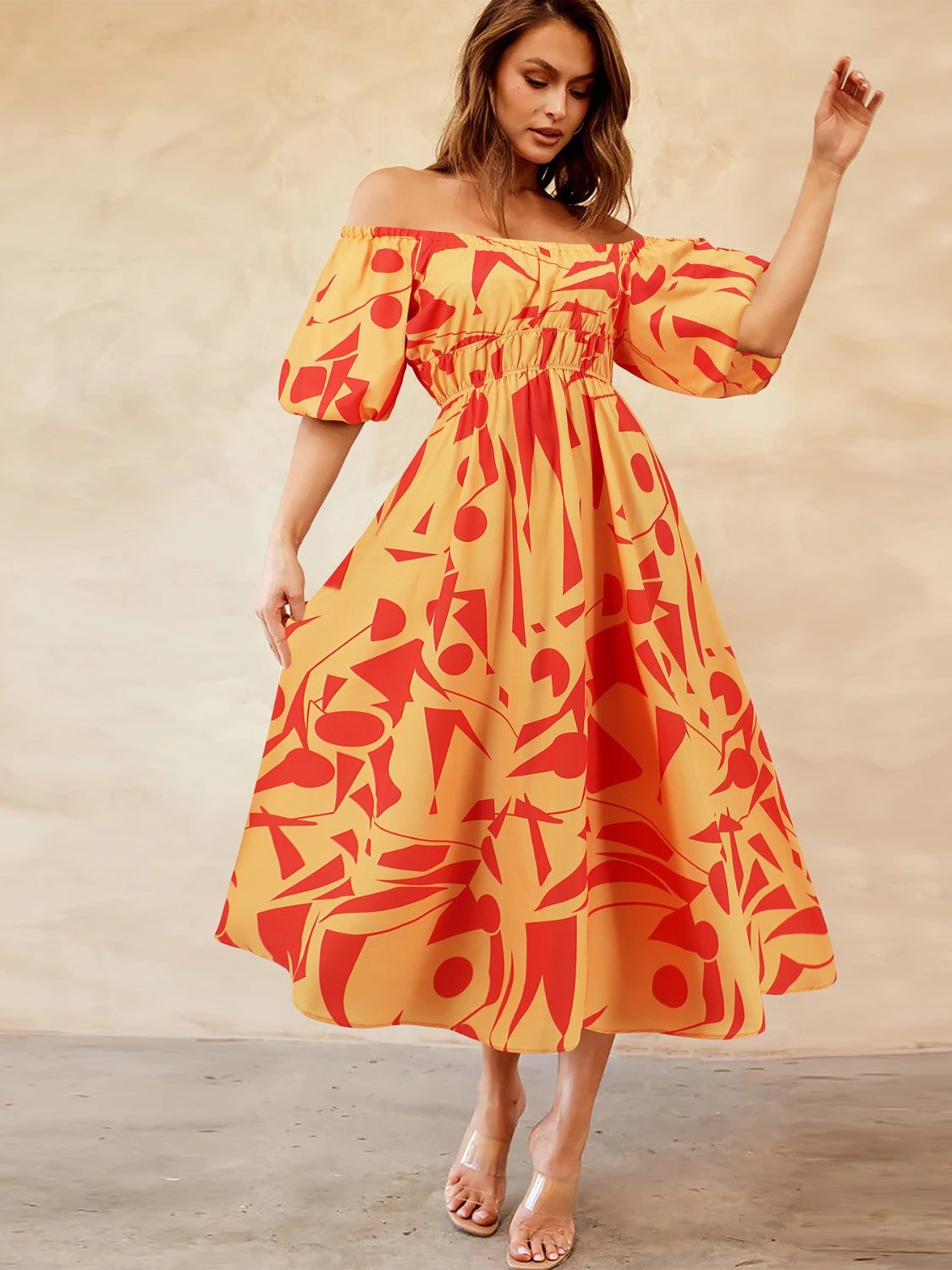 Tropical Off-Shoulder Balloon Sleeve Dress