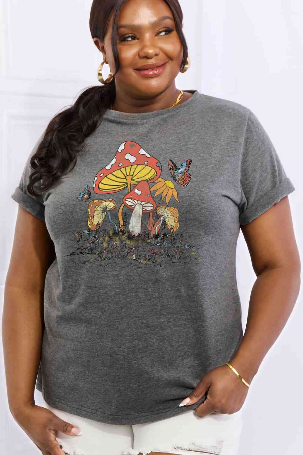 Mushroom & Butterfly Graphic Cotton T-Shirt