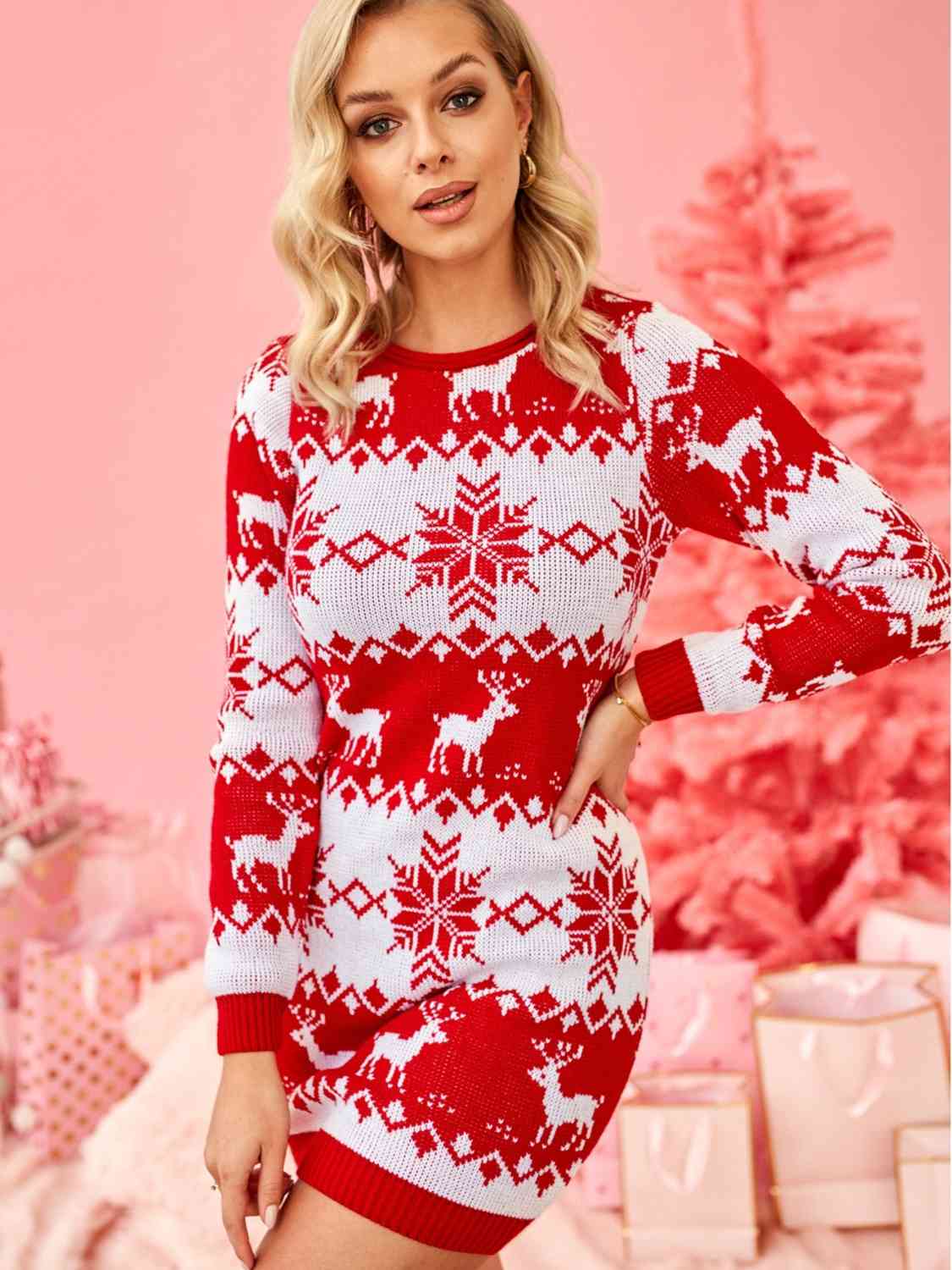 Reindeer & Snowflake Round Neck Christmas Sweater Dress