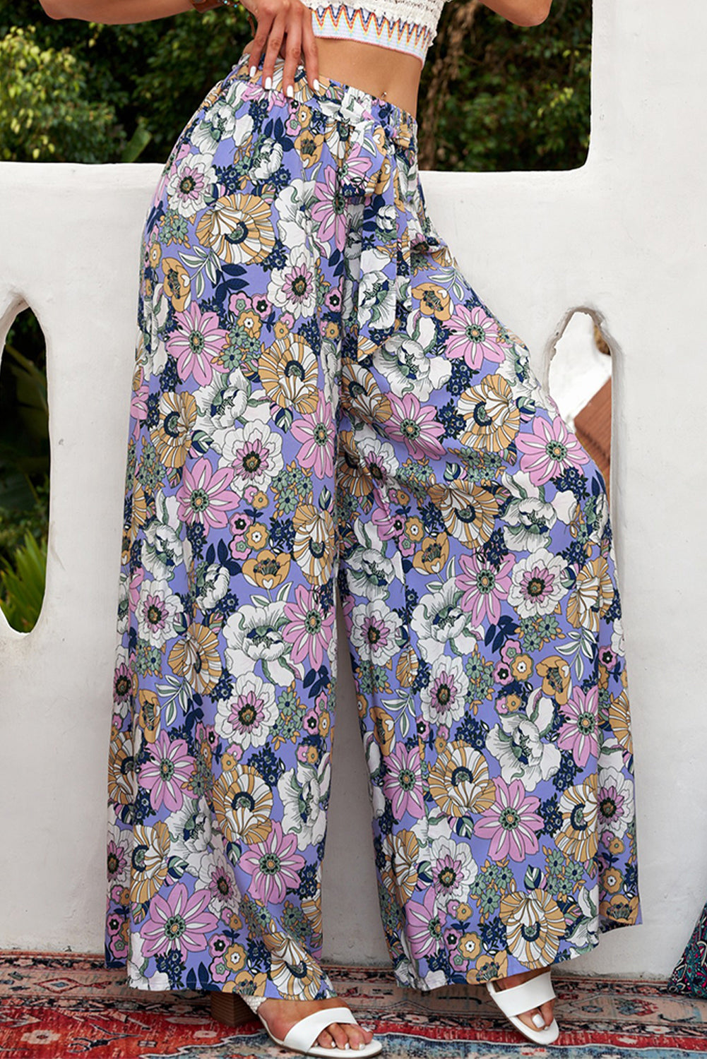 Floral Tie Belt Wide Leg Resort Pants