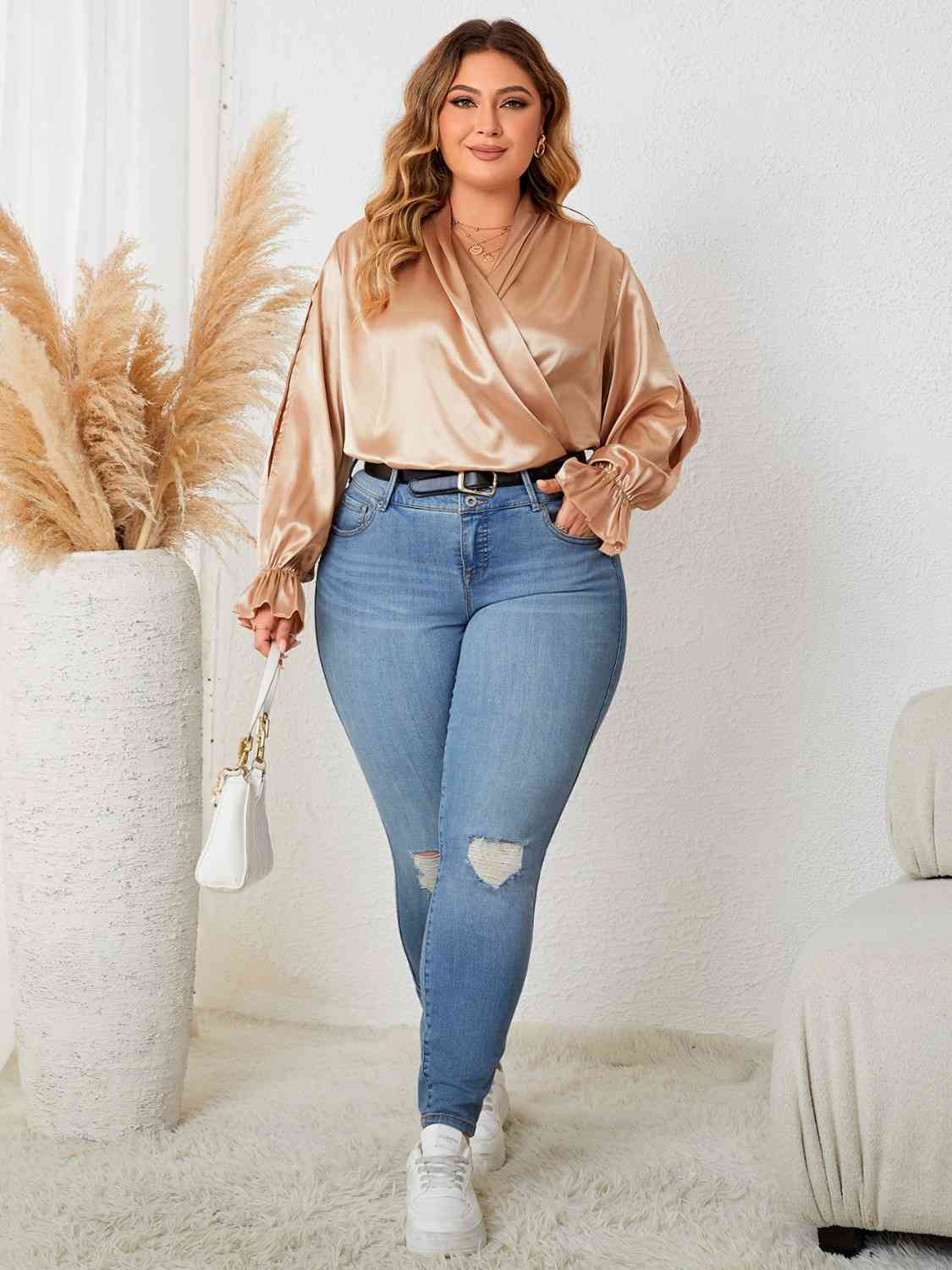 Plus Size Flounce Sleeve Gold Resort Blouse