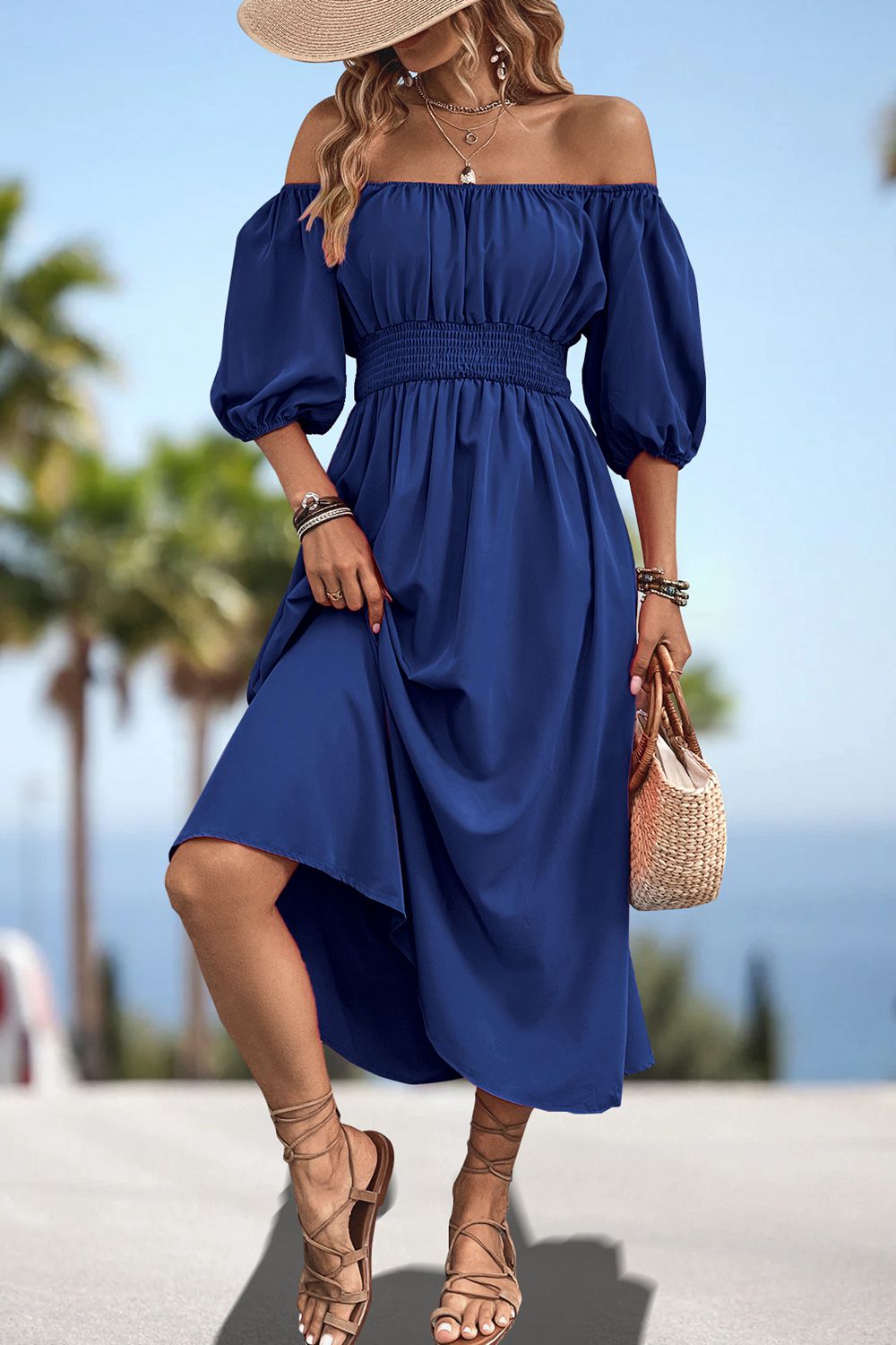 Women's Square Neck Puff Sleeve Resort Midi Dress