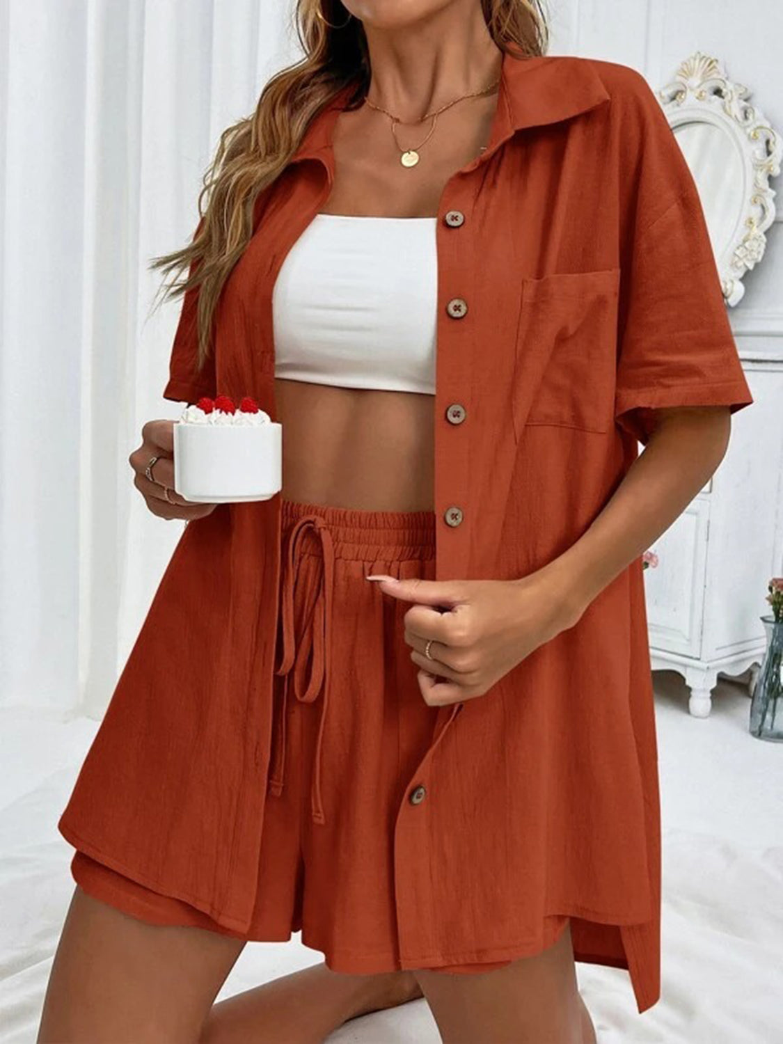 Button Up Shirt and Drawstring Resort Shorts Set