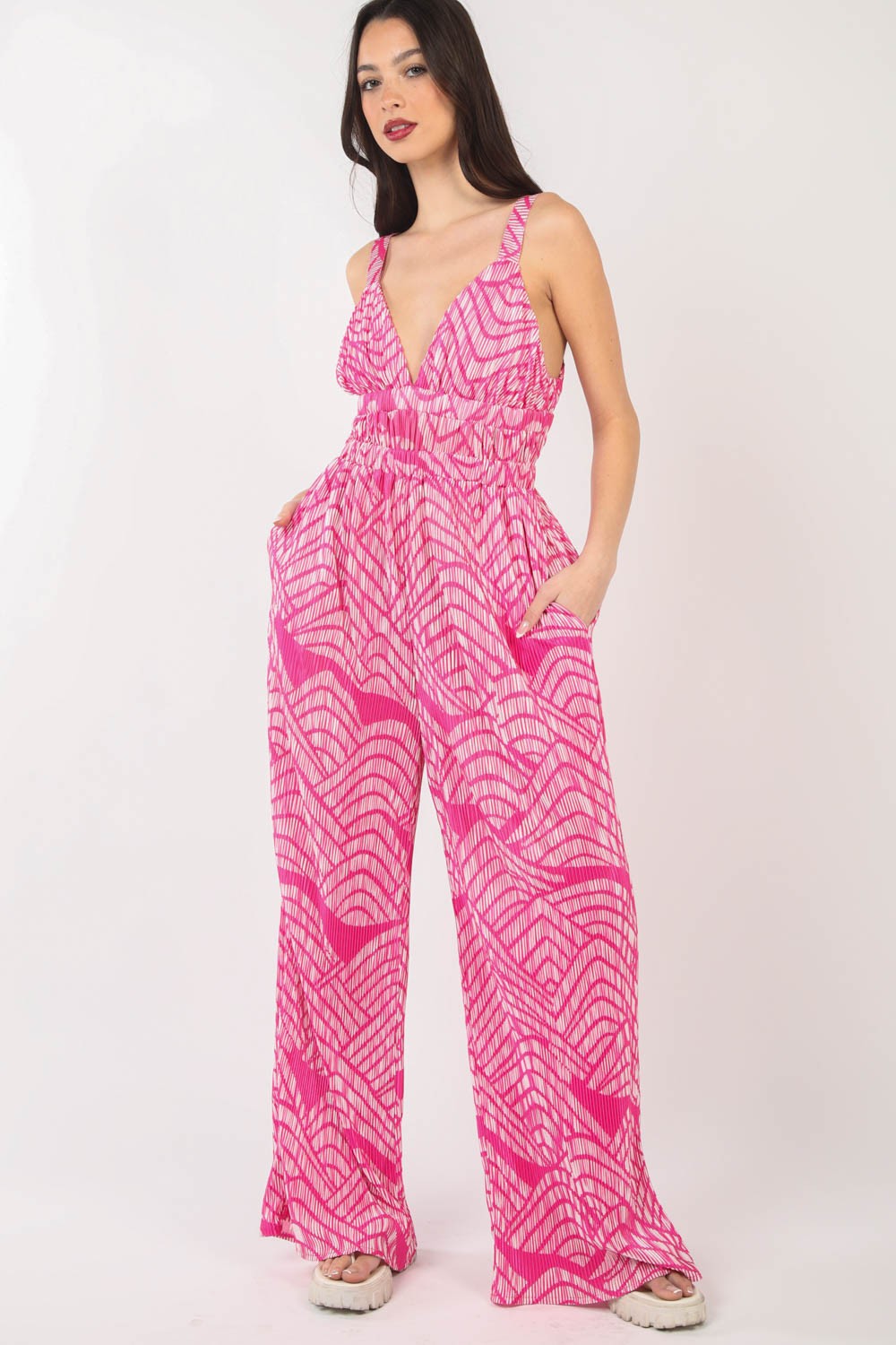 Pink Sleeveless Tropical Vacation Jumpsuit