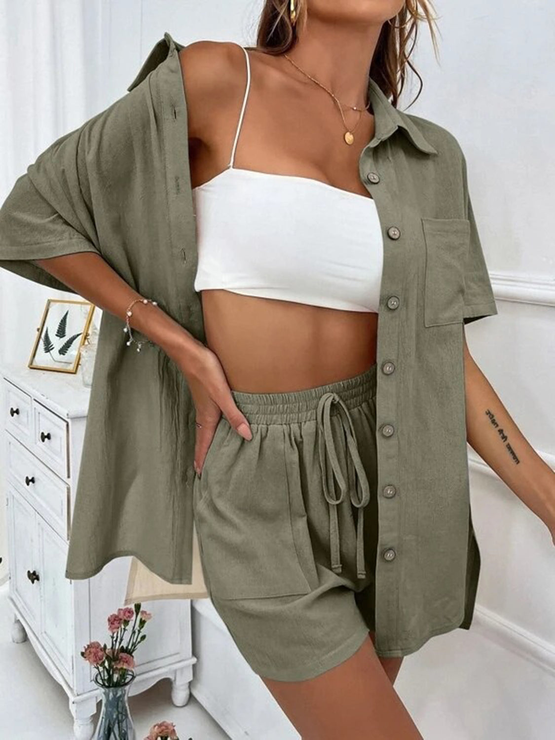 Button Up Shirt and Drawstring Resort Shorts Set