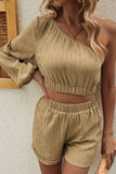 One-Shoulder Balloon Sleeve Crop Top and Resort Shorts Set