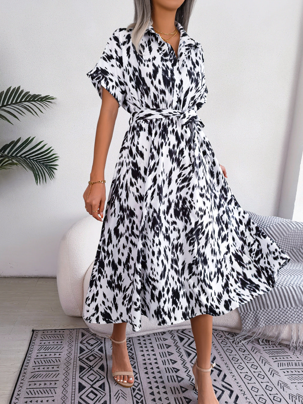 Elegant Short Tie Waist Resort Midi Dress