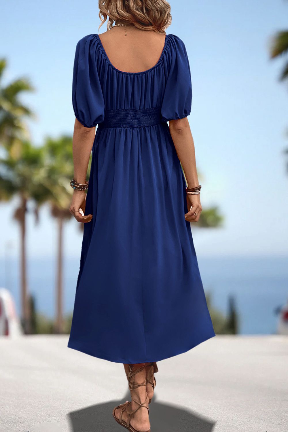 Women's Square Neck Puff Sleeve Resort Midi Dress