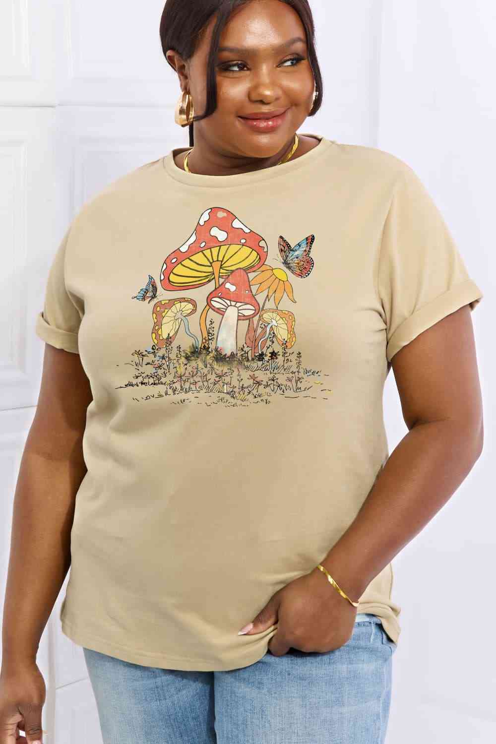 Mushroom & Butterfly Graphic Cotton T-Shirt