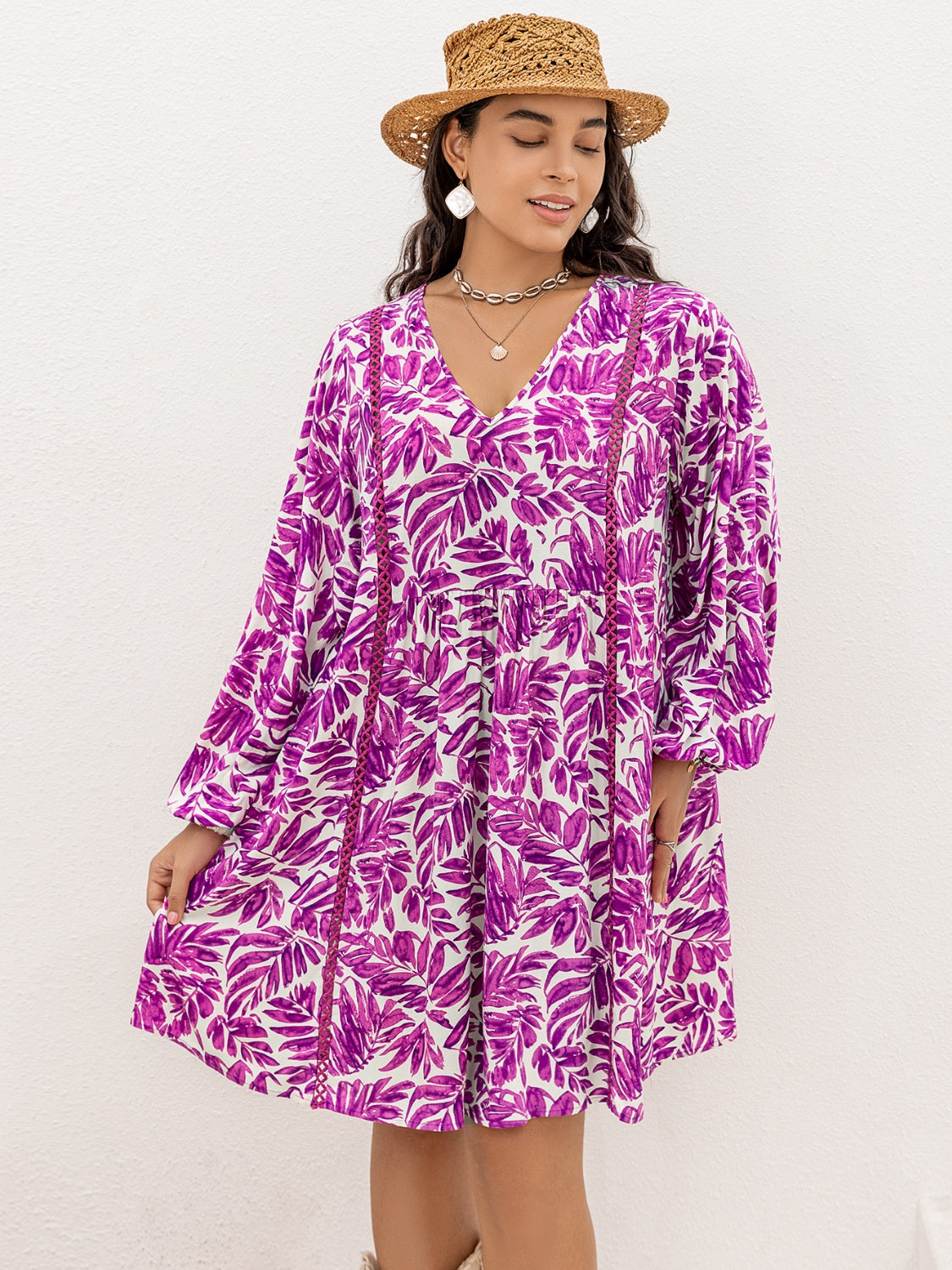 Plus Size Printed V-Neck Mini Vacation Dress