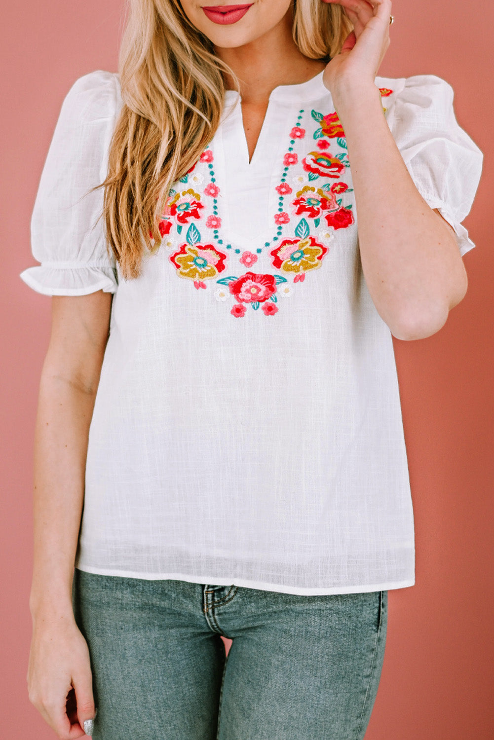 Embroidered Flowers Vacation Top