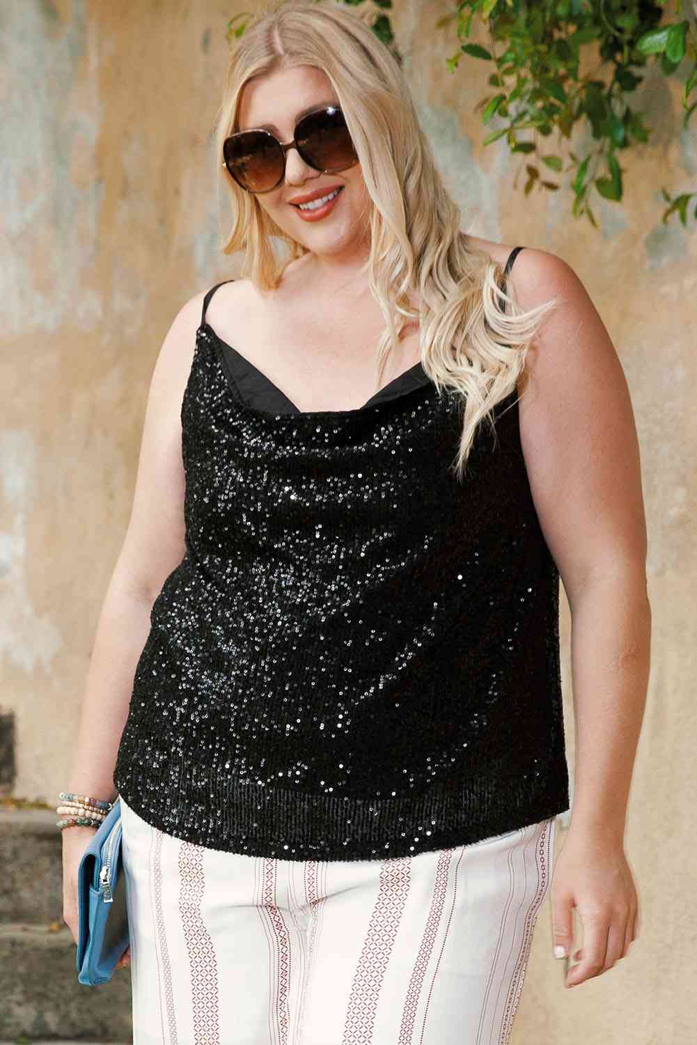 Plus Size Sequin Cowl Neck Cami