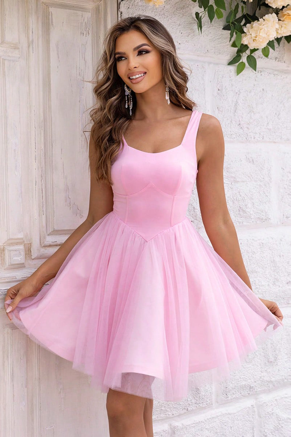 Wide Strap Pink Mesh Party Dress