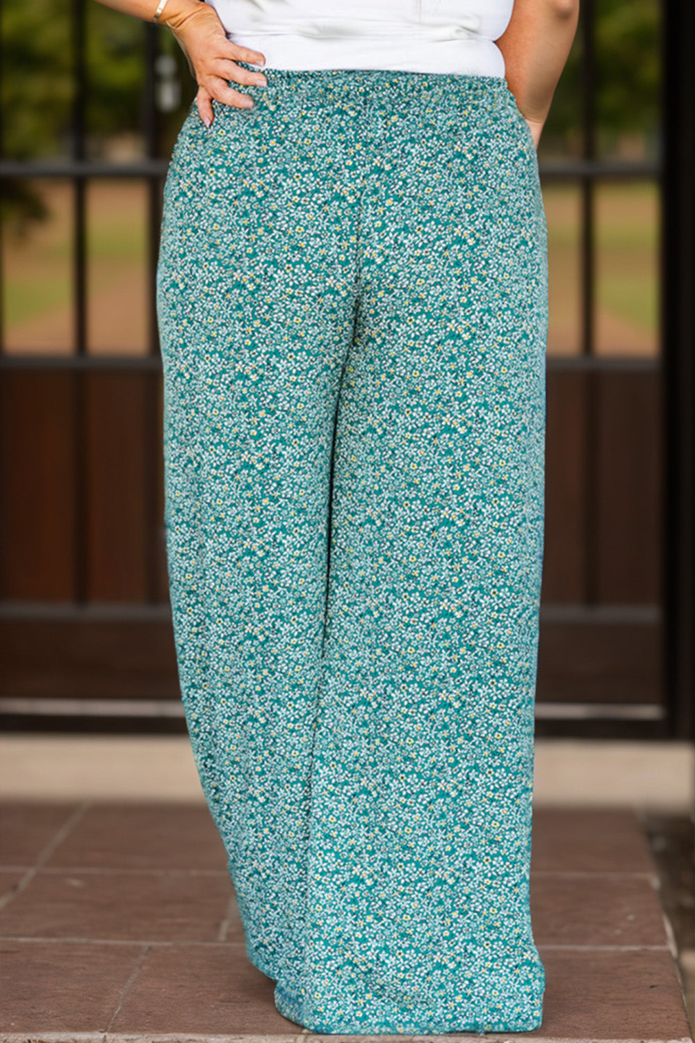 Plus Size Elastic Waist Tied Wide Leg Summer Pants Teal