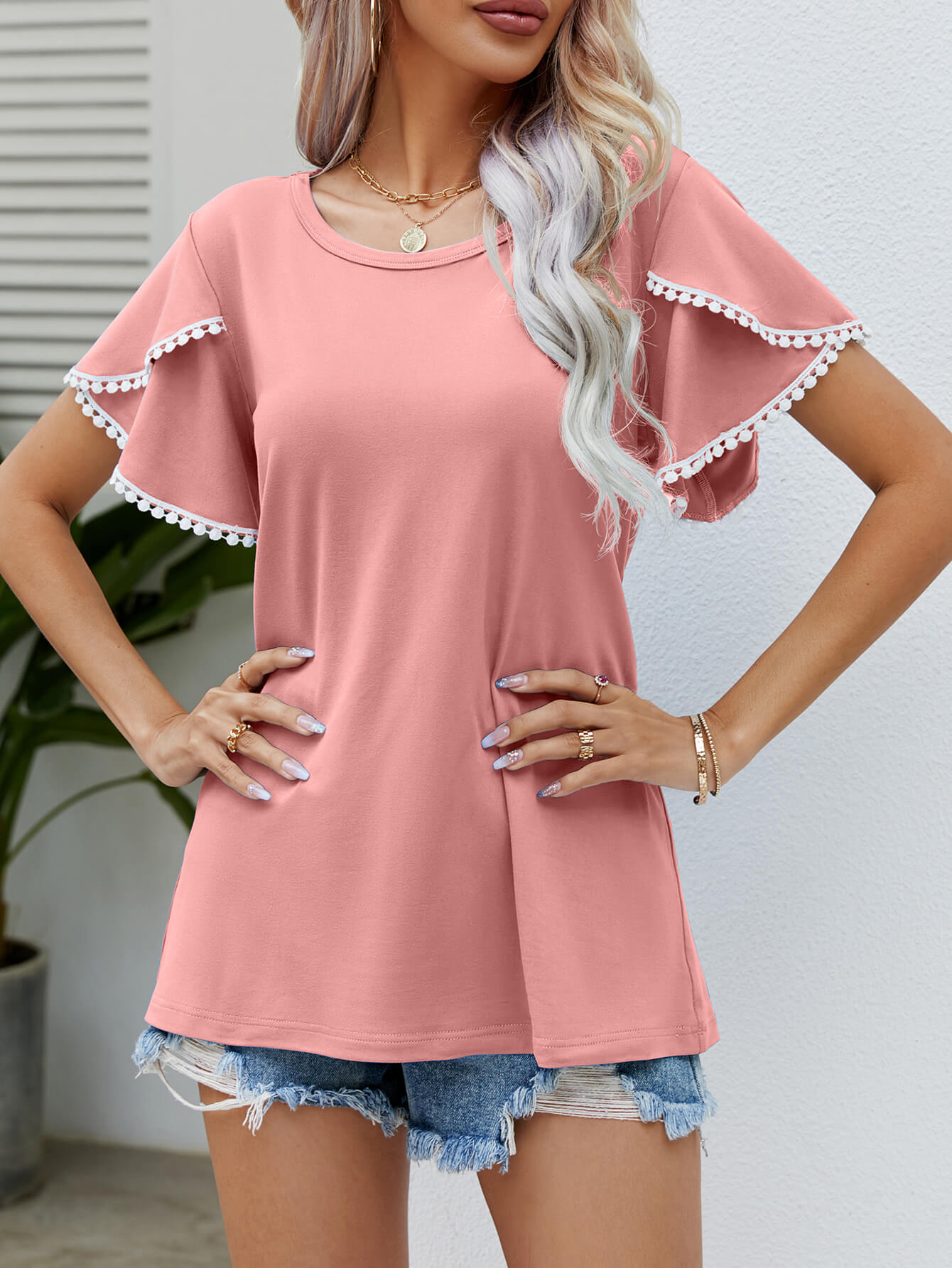 Pom-Pom Sleeve Pink Vacation Tee