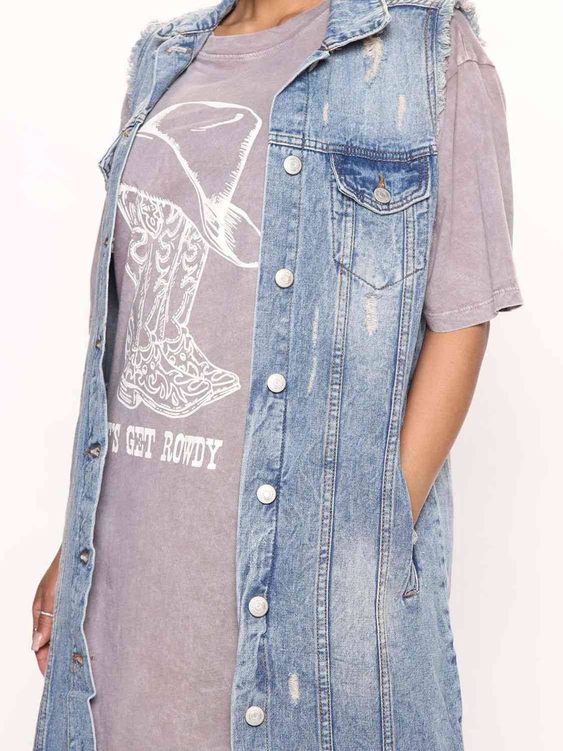 Long sleeveless denim jacket hotsell