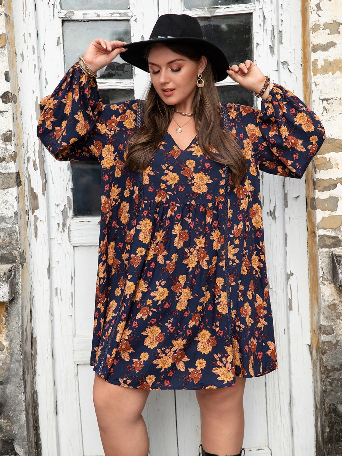 Plus Size Floral V-Neck Balloon Sleeve Summer Dress