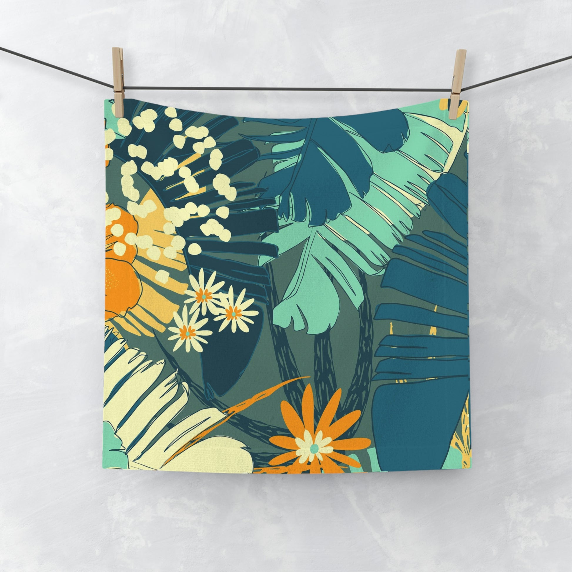 Jungle Blues Collection, Tropical Jungle Leaf Designer Face Towel for your Vacation or Airbnb Home.