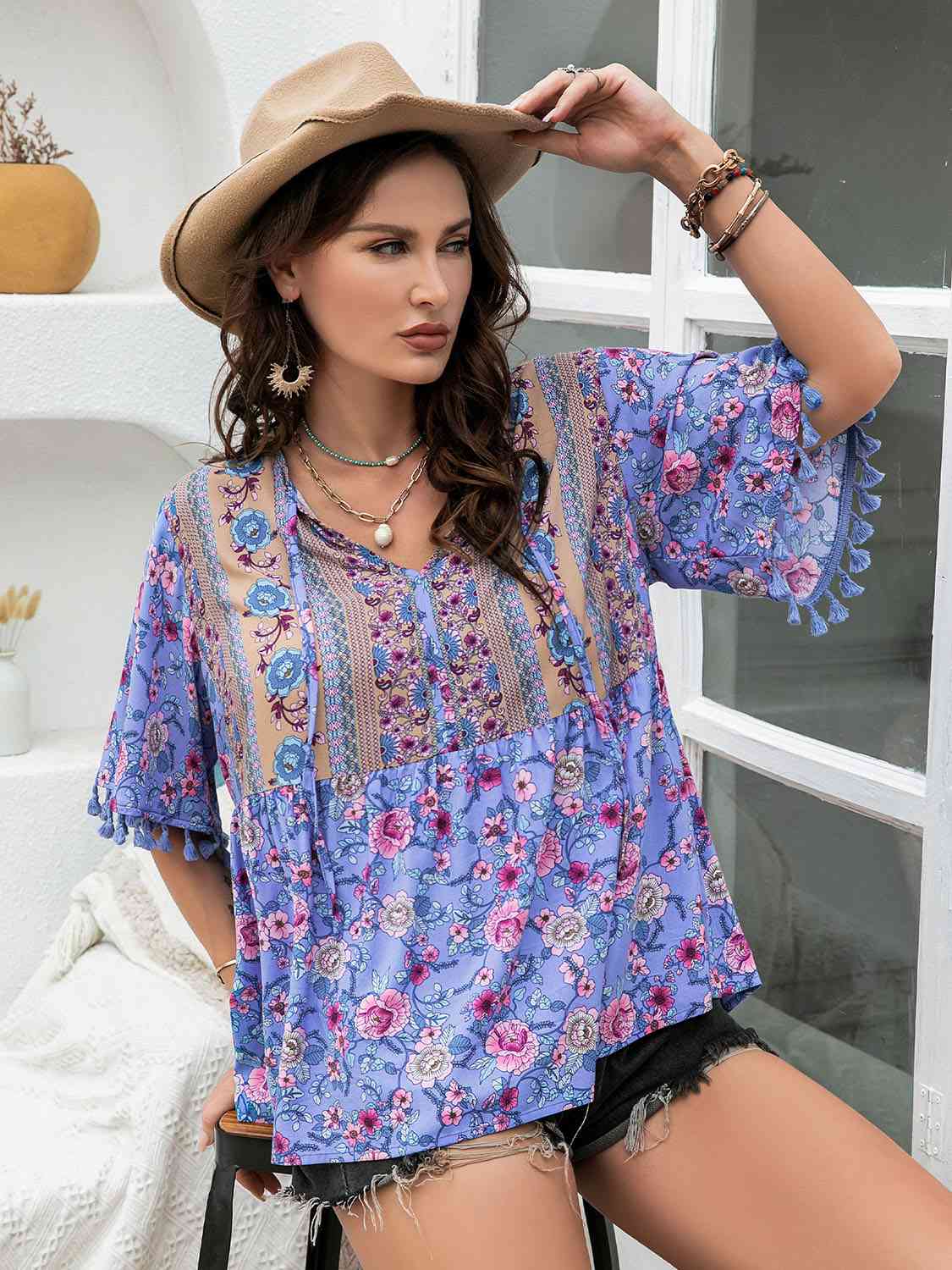 Plus Size Boho Tassel Sleeve Summer Top