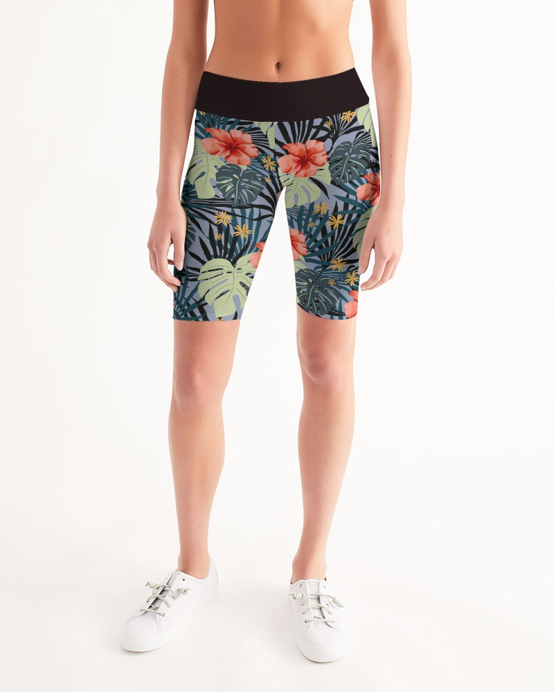 Hawaiian Hibiscus Women's Mid-Rise Hawaiian Print Bike Shorts