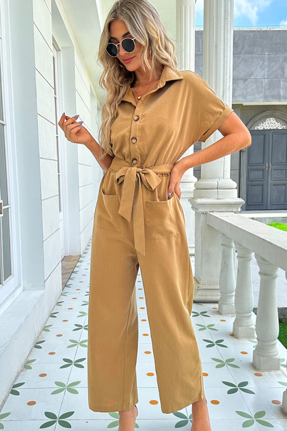 Travel Vacation Jumpsuit with Waist Tie