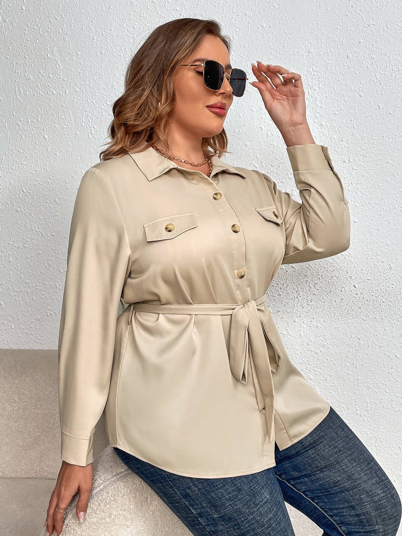 Plus Size Tie Belt Long Sleeve Resort Shirt