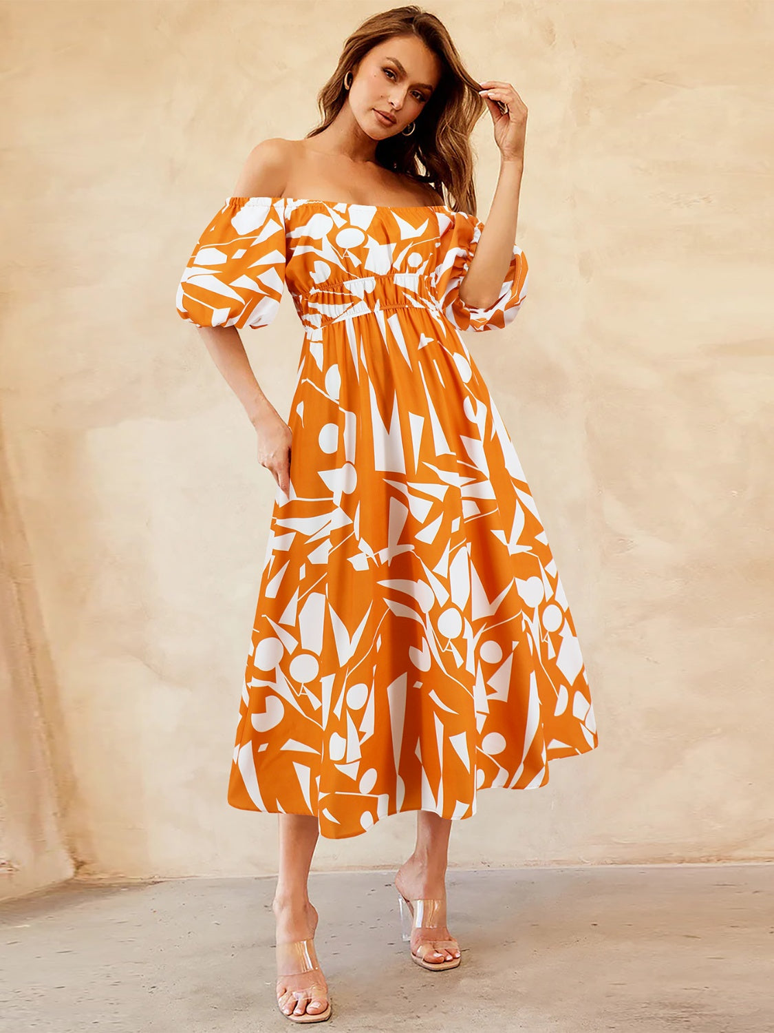 Tropical Off-Shoulder Balloon Sleeve Dress