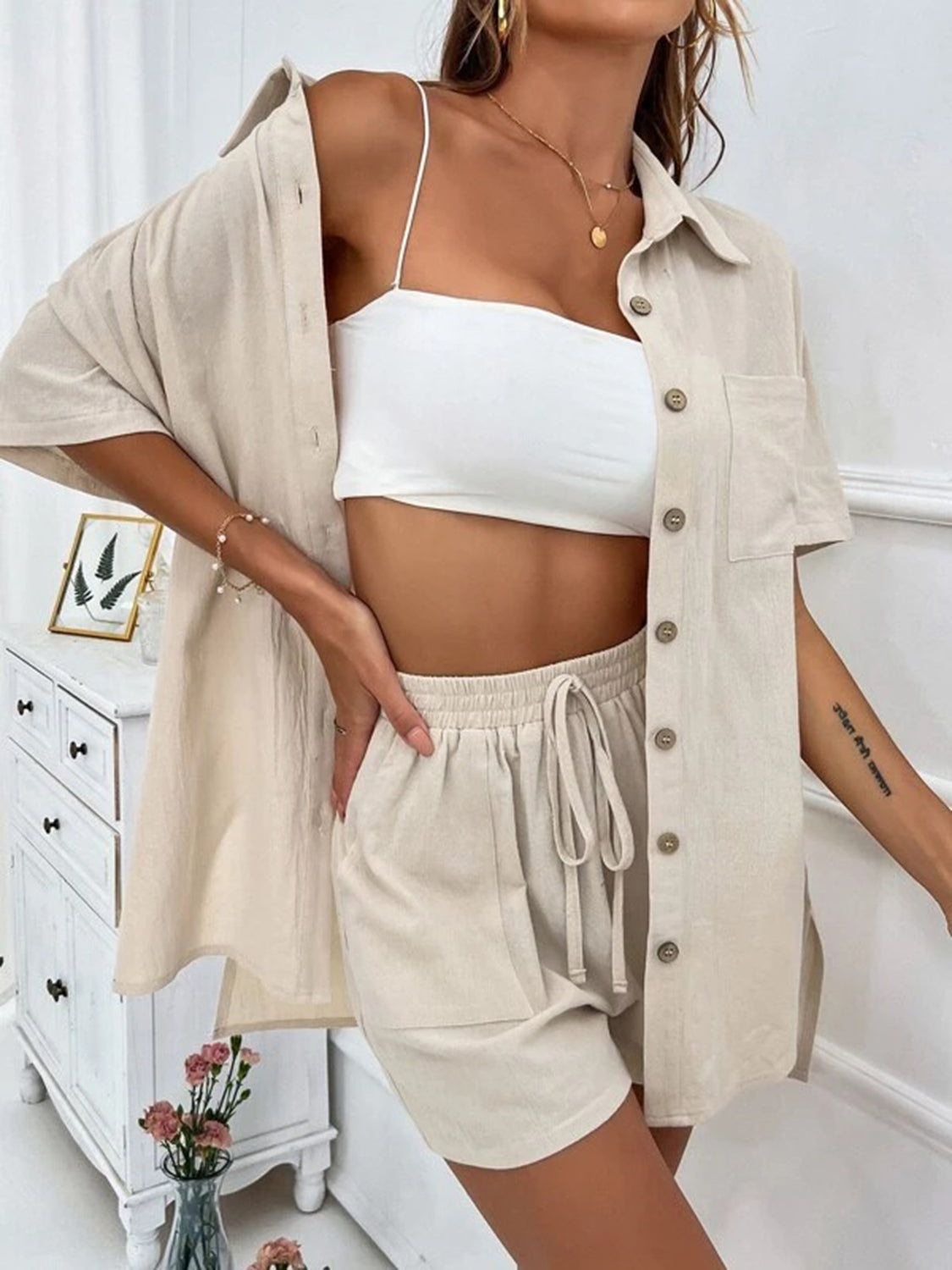 Button Up Shirt and Drawstring Resort Shorts Set