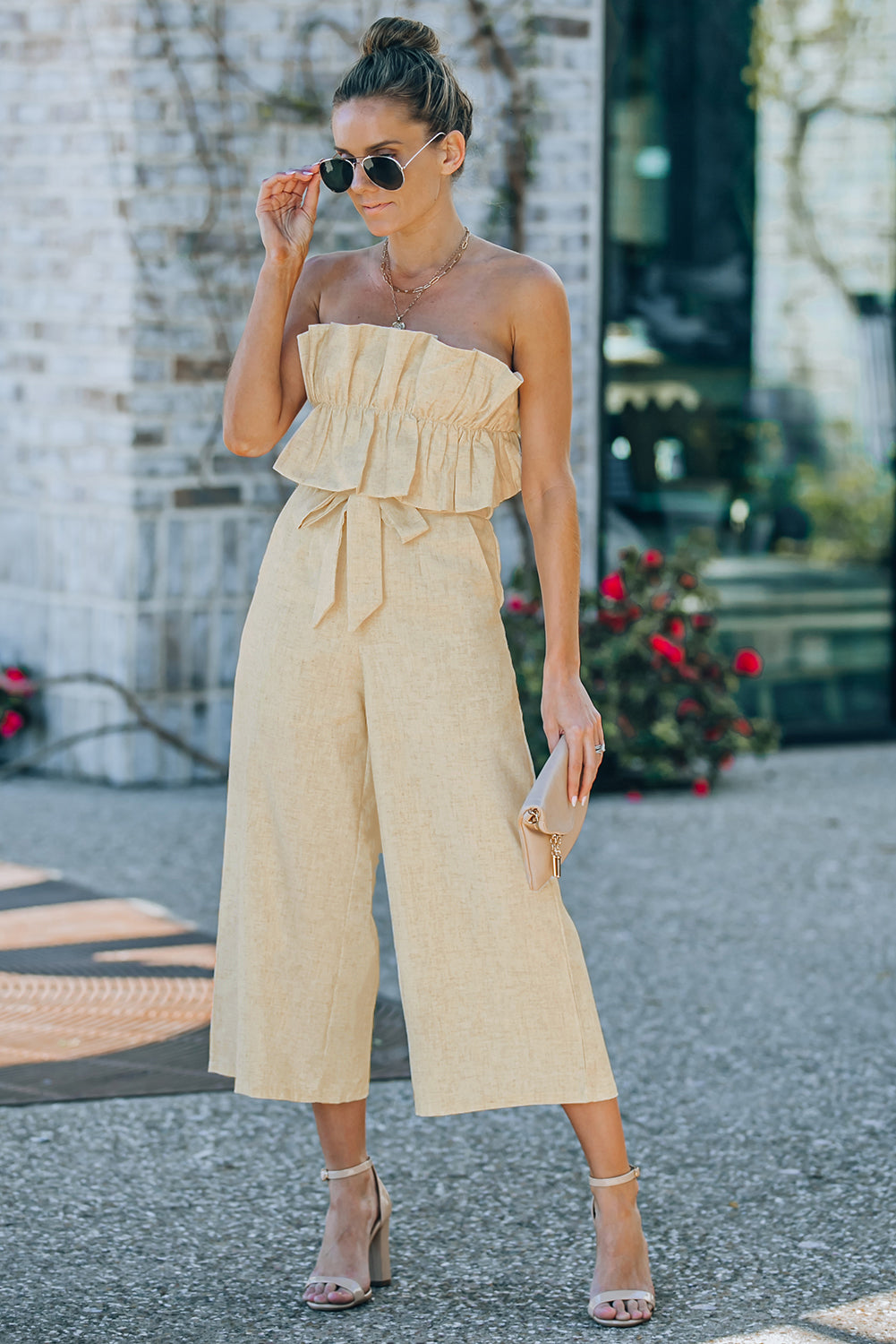 Beige Ruffled Strapless Wide Leg Jumpsuit, Resort Jumpsuit