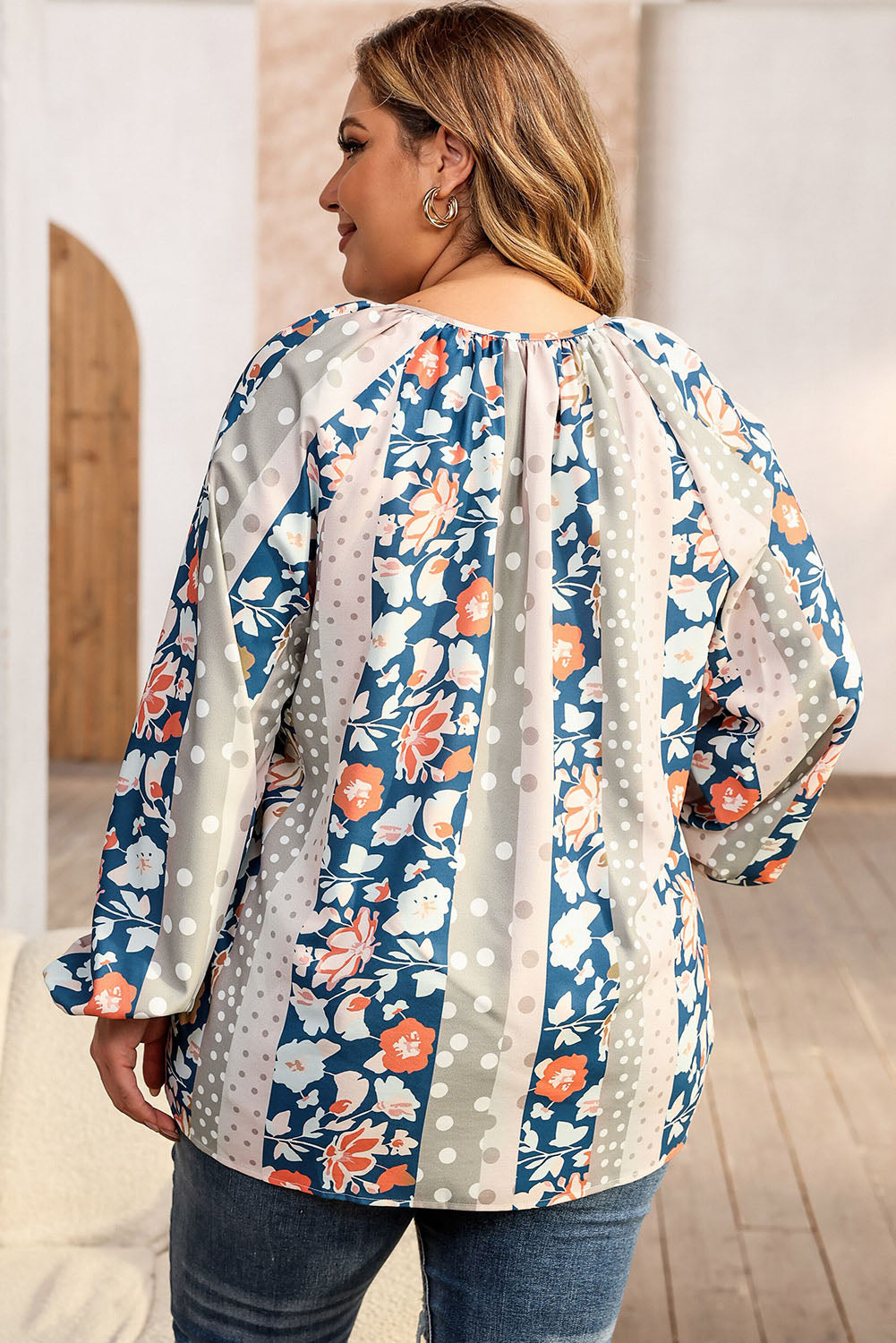 Plus Size Floral Tie Neck Boho Summer Blouse