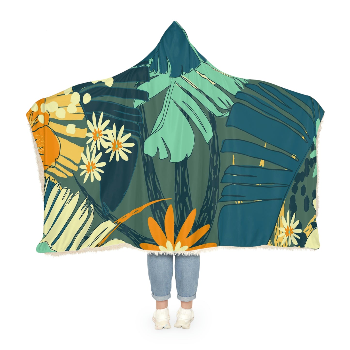 Jungle Blues Collection, Tropical Jungle Leaf Print Hooded Blanket