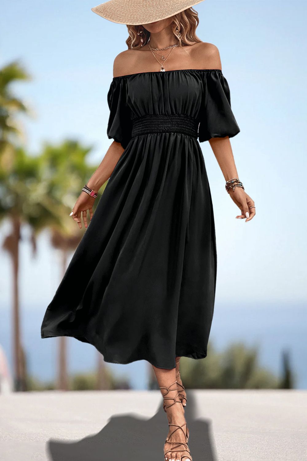 Women's Square Neck Puff Sleeve Resort Midi Dress