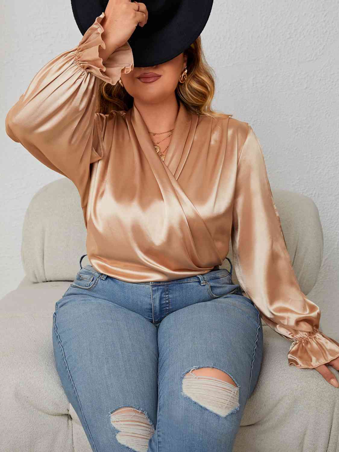 Plus Size Flounce Sleeve Gold Resort Blouse