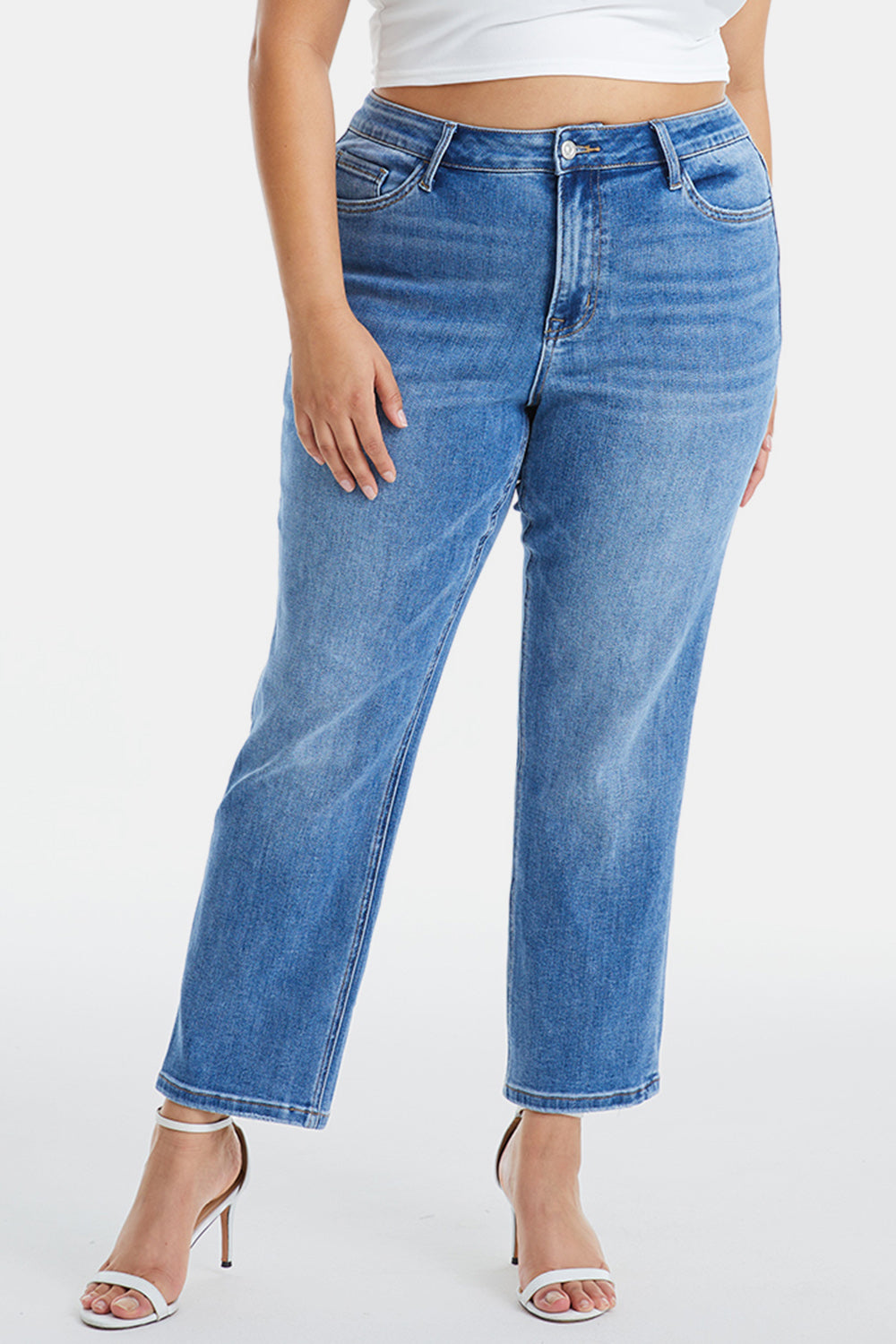 Full Size High Waist Raw Hem Straight Mom Jeans