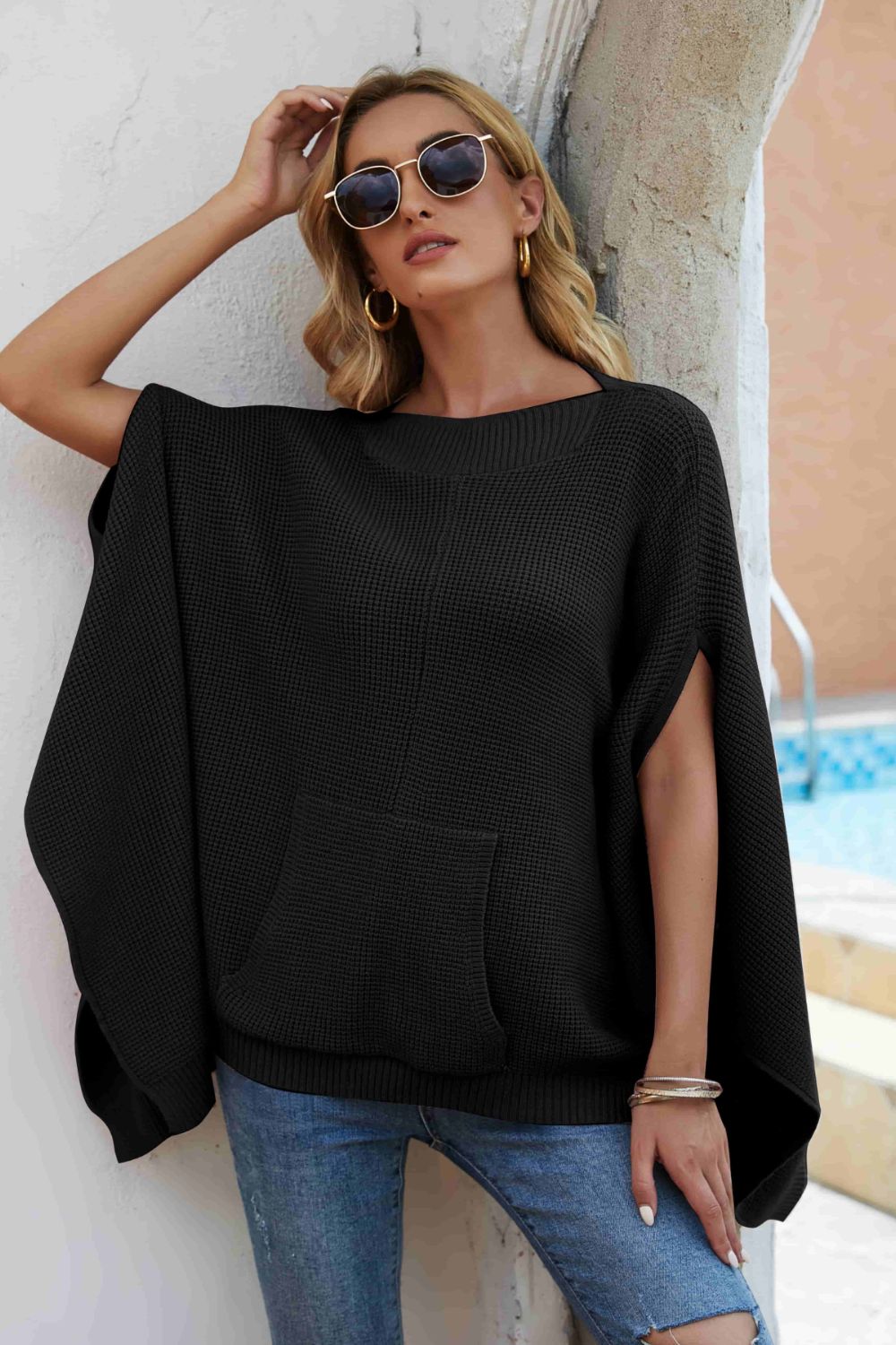 Double Take Waffle-Knit Cloak Sleeve Pocket Sweater