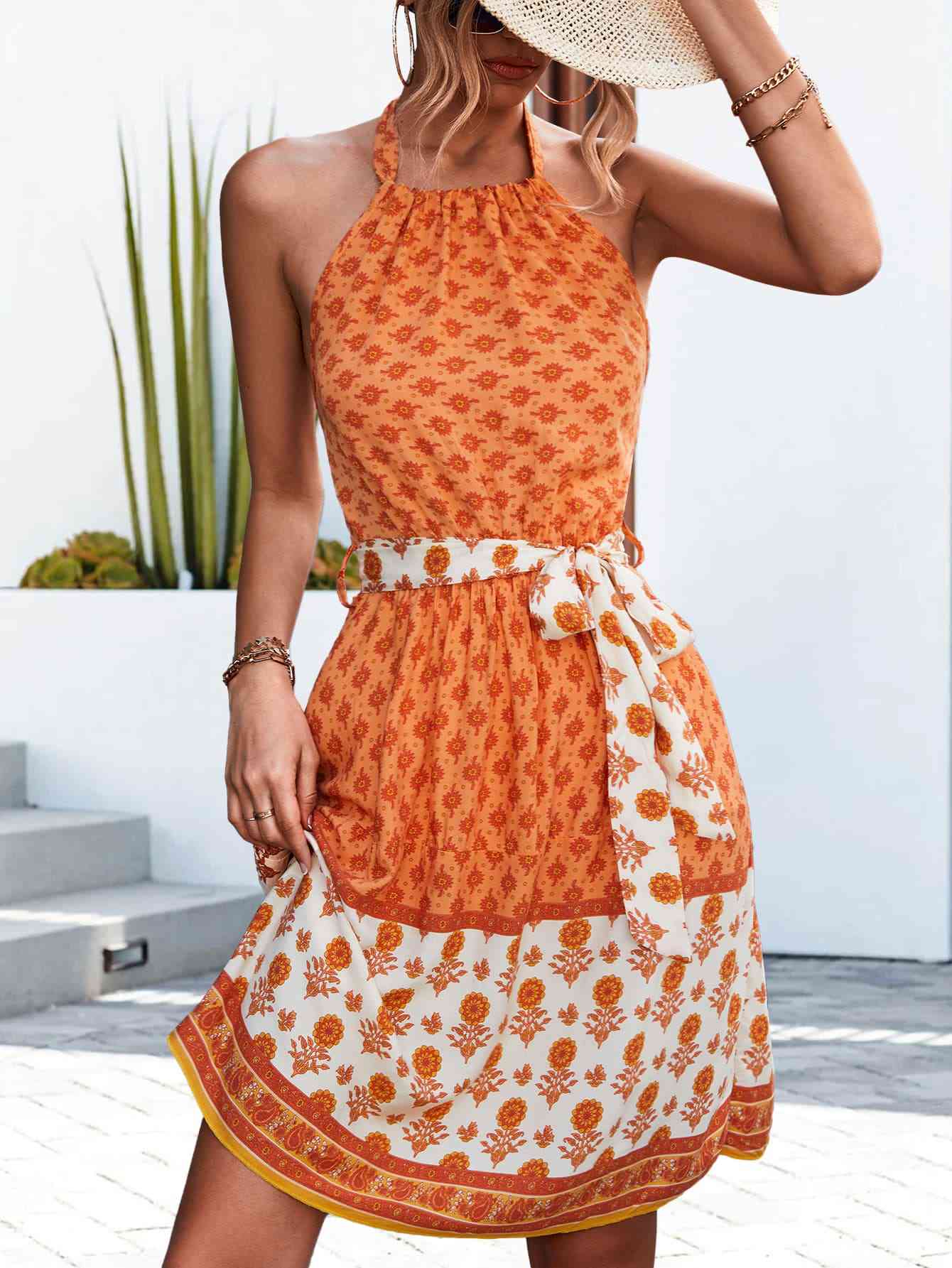 Floral Halter Neck Tie Waist Resort Dress