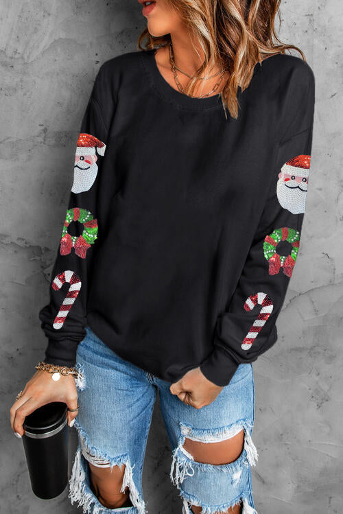 Sequin Christmas Element  Round Neck Sweatshirt