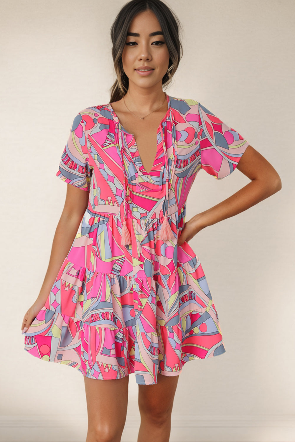 Multicolored Short Sleeve Beach Dress